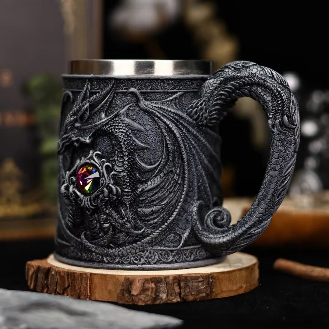 Medieval Viking Dragon Beer Mug 16OZ Stainless Steel Drinking Beer Stein Coffee Cup Viking Gifts for Men Norse Medieval Decor